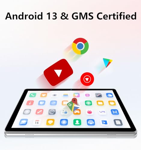 10.1-Inch Android Pill with Android 13, 6GB RAM, 64GB ROM (Expandable to 1TB), 1280x800 IPS HD Touchscreen, 6000mAh Battery, Bluetooth, Twin Cameras, GMS, WiFi - Silver